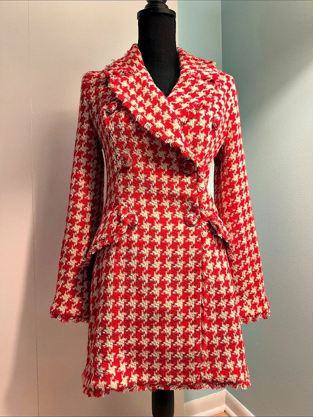 Zara Houndstooth Coat in Red & Cream Size Small NWT